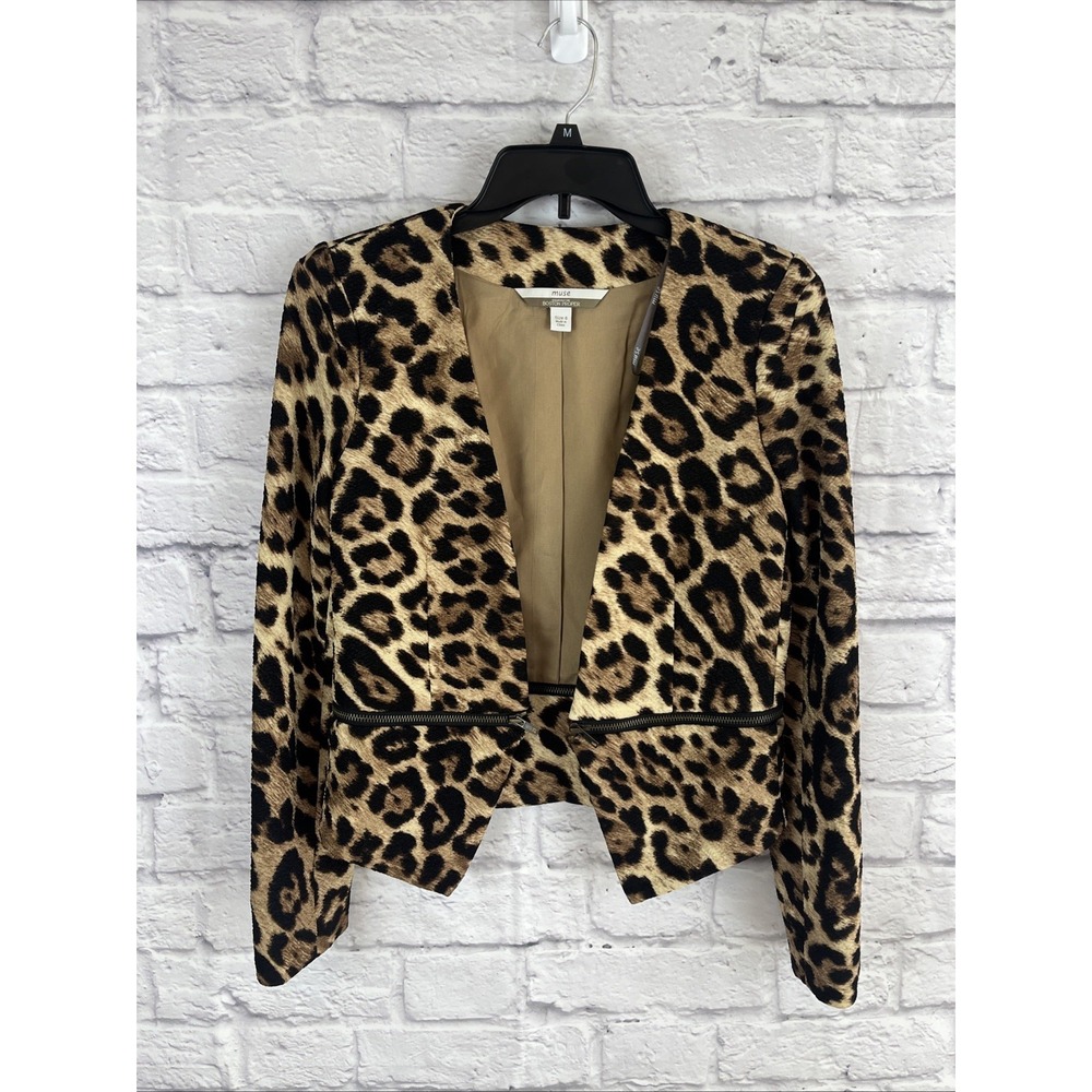 Boston Proper Muse Y2K Glam Edgy Leopard Print Open Blazer Zipper Detail Size 6